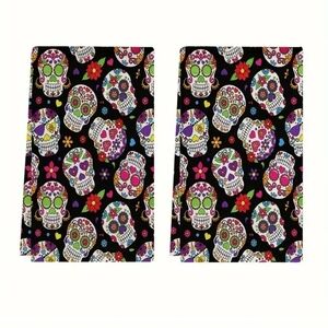 2-Pack Skull Microfiber Towels with Day of the Dead Marigold Sugar Skull Print